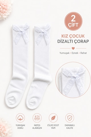 Tibo 2 Çift Burun Dikişsiz Kız Çocuk Kurdeleli Dizaltı Çorap Beyaz