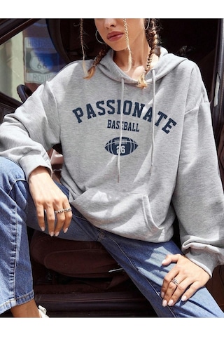 Passionate Baseball Sweatshirt - Gri Baskılı Oversize Kapüşonlu Gri
