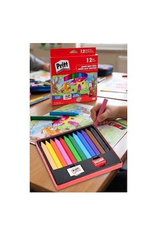 Jumbo Üçgen Mum Boya 12 Li 1 Paket Pritt 12 Renk Üçgen Mumboya Elleri Kirletmeyen Yıkanabilir Silinebilir Karton Kutu Çok Renkli
