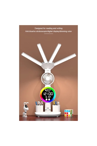 Çok Fonksiyoklu Masa Lambası Rgb Led Işıklı Saat Takvim Derece Vantilatör Kalemlik