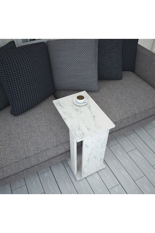 Pasific Home Single Çok Amaçlı Tekerlekli C Sehpa ,Koltuk Sehpası - Beyaz Mermer