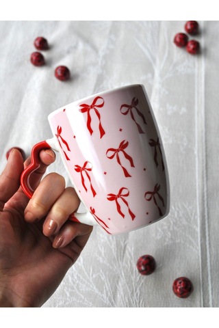 1 Adet Kurdeleli Kupa Seramik Çay Kahve Kupası 330 Ml Kurdele Sevgililer Günü Pembe