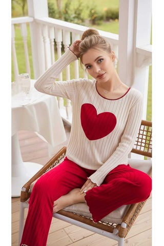 Bella Notte Kırmızı Nakışlı Kalp Detaylı Uzun Kollu Pijama Takımı