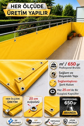 Sarı Renkli Balkon Branda Perdesi - 650 Gr Pvc Polyester - Kuşgözlü Ve Kolon Takviyeli Balkon Demiri Brandası Sarı