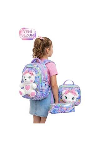Markahit Premium Kız Çocuk Peluş Ayıcıklı Anaokulu Ve İlkokul Sırt Çantası Termal Beslenme Çantası Ve Kalemli Mavi