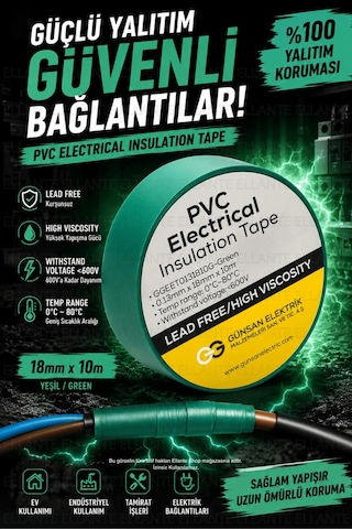 Yeşil Profesyonel Pvc Elektrik Bandı 18mm X 10m Güçlü Yapışkanlı, 600v Dayanımlı, Esnek İzolasyon