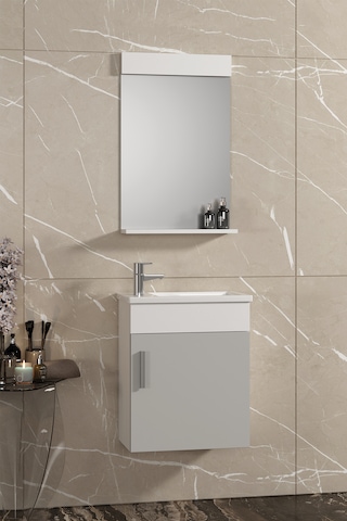 Lale 42x24 Cm Beyaz-sis Gri Mdf Seramik Lavabolu Asma Banyo Dolabı Takımı