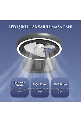 Usb Şarjlı Lambalı Masaüstü Mini Fan 3 Kademeli Hız Ayarlı 180 Derece Vantilatör