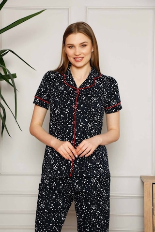 Farya Home Dreamy Pamuklu Yıldız Desenli Biyeli Kısa Kollu Gömlek Pijama Takımı Siyah Kırmızı Kırmızı - Siyah