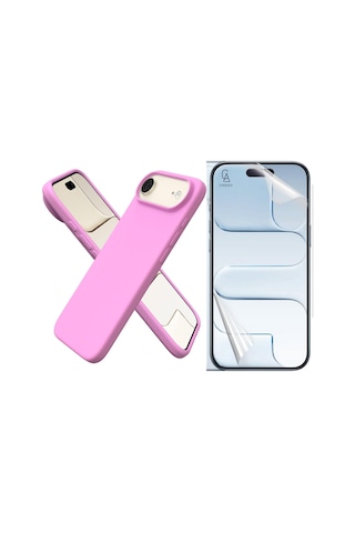 Apple Uyumlu iPhone 17 Air Içi Kadife Lansman Kılıf Ve Seramik Tam Kaplayan Cam Ekran Koruyucu Açık Pembe