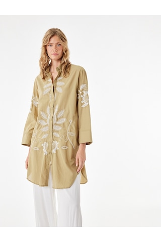 Koton Pamuklu Uzun Kollu Floral Dokulu Nakış Detaylı Oversize Uzun Gömlek Tunik Ekru Desenli 6sak60012ew
