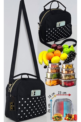 Sıcak, Soğuk Isı Yalıtımlı Termal Termoslu Yemek, Mama, Beslenme, Gıda İçin Askılı Taşıma Çantası Siyah - Beyaz