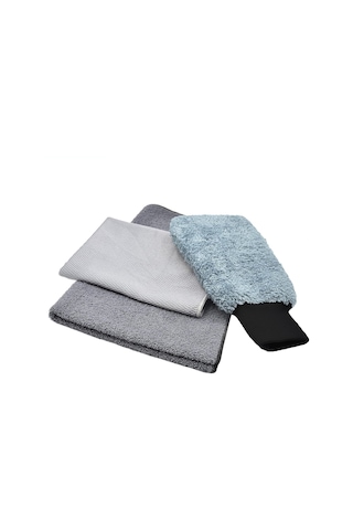 Wonkey - Mikrofiber Oto Yıkama Temizleme Seti / Araç Kurulama Havlusu + Otomobil Cam Bezi + Araba Yıkama Eldiveni Pak