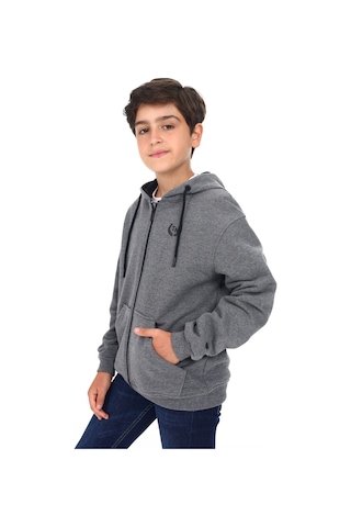 Toontoy Kids Toontoy Erkek Çocuk Kapüşonlu Fermuarlı Cepli Düşük Omuz Baskılı Örme Hırka - 3 İplik Şardonsuz Antrasit Melanj
