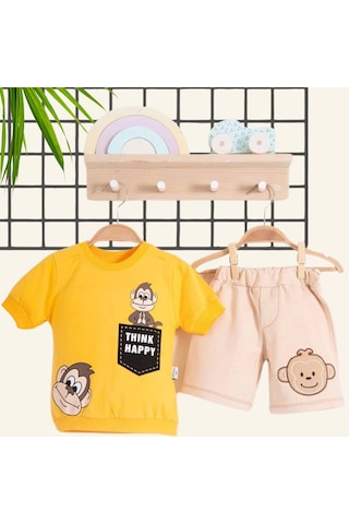 3-18 Ay Erkek Bebek Alt&üst Takımı Maymun 2li Sarı Sarı