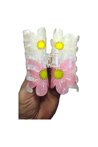 Pembe Beyaz Çiçek Desenli Kemik Saç Tokası Bahar Temalı 9 Cm Mandal Toka