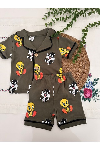 Tuem Bebek Tweety Ve Sylvester Desenli Unisex Bebek Şortlu Pijama Takımı Beden Ölçüleri Açıklamada Açık Haki