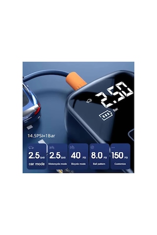 Dijital Kablosuz Şarjlı Hava Kompresörü, Taşınabilir Araç Lastik Bisiklet Top Şişirme Pompası, Lcd Ekranlı Mini Kompresör, Powerbank Özellikli Otomatik Basınç Ayarlı Hava Pompası