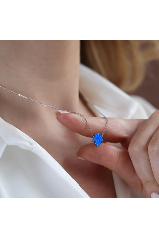 Mavi Opal Taşlı Fatma Ana Eli Gümüş Kolye Gümüş