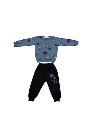 Erkek Bebek Dinazor Baskılı Pamuklu Eşofman Takım-15176 İndigo