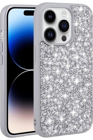 Apple Uyumlu iPhone 14 Pro Max Kılıf Parlak Taşlı Tasarım Zore Linea Kapak Gümüş