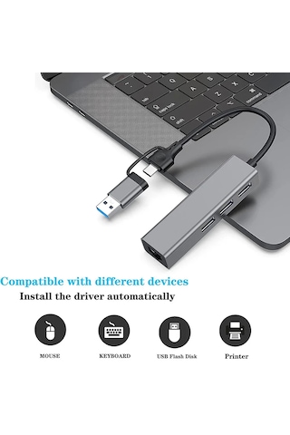 Usb Type C/usb A 4 Ü 1 Arada Hub Rj45 Ethernet Lan + 3x Usb 3.0 Port 5gbps Çoklayıcı Adaptör