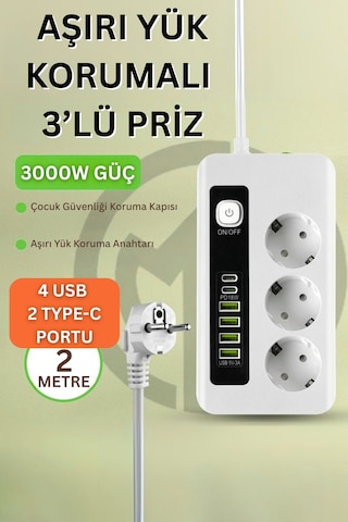 Pro P10 3x Priz 3000w Akım Korumalı 4x Usb 2x Type-c Girişli Çoklu Priz 0.2 M
