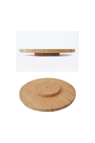 Bambu 360 Derece Dönen Yuvarlak Lüx Servis Sunum Tabağı Pizza Peynir Sunum Tahtası 30 Cm Kahverengi