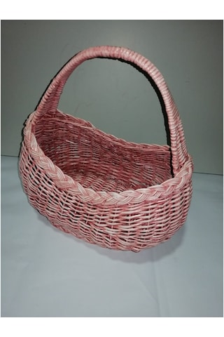 Hasır Eskitme Pembe Masa Üstü Meyvelik Mini Piknik Sepeti