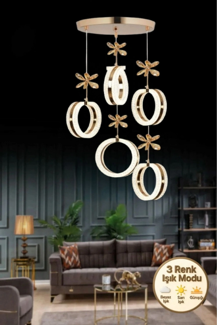 Aurea Model 5 Li Kristal Taşlı Gold 3 Renk Modu Ledli Salon Mutfak Oturma Odası Sarkıt Led Avize Metalik