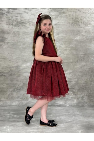 Riccotarz Kız Çocuk Omzu Fırfırlı Parıldayan Bordo Elbise Bordo