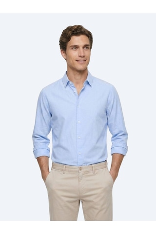 Kip Mavi Çizgili Regular Fit Uzun Dokuma Casual %100 Pamuk Gömlek