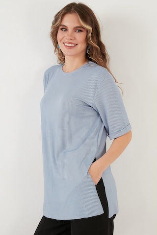 Lela Oversize Bisiklet Yaka Yırtmaç Detaylı Bayan Bluz 5863683 Bebe Mavi