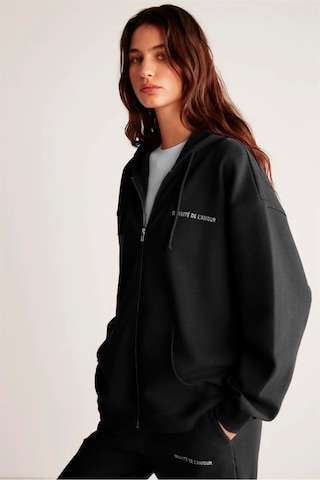 Grimelange Ametıs Kadın Oversize Organik Pamuklu Metal Fermuarlı Kapüşonlu Siyah Sweatshirt Siyah