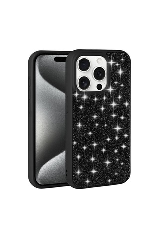 Apple Uyumlu iPhone 15 Pro Kılıf Simli Pırlanta Taşlı Kamera Yükseltili Silikon Ata Pro Tech Siyah