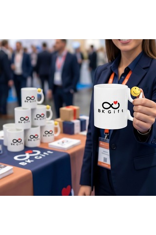Bk Kurumsal Promosyon Logolu Emoji Desenli Beyaz Kupa Bardak 10 Adet Logo Baskılı