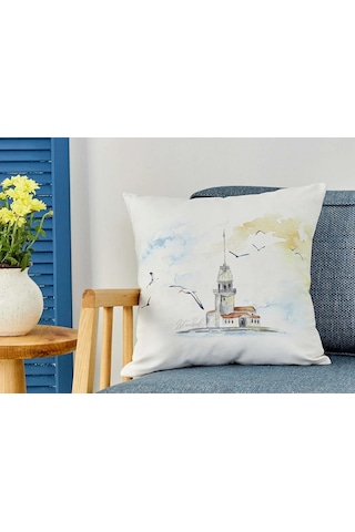 Karaca Home Kız Kulesi Ekru Desenli İç Dolgulu Kırlent 45 45 Cm Şık Ve Keyifli Dekoratif Yastık Beyaz Sarı Uç