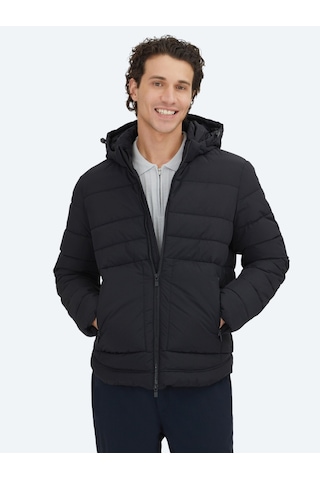 Kip Siyah Regular Fit Kapüşonlu Dokuma Mont