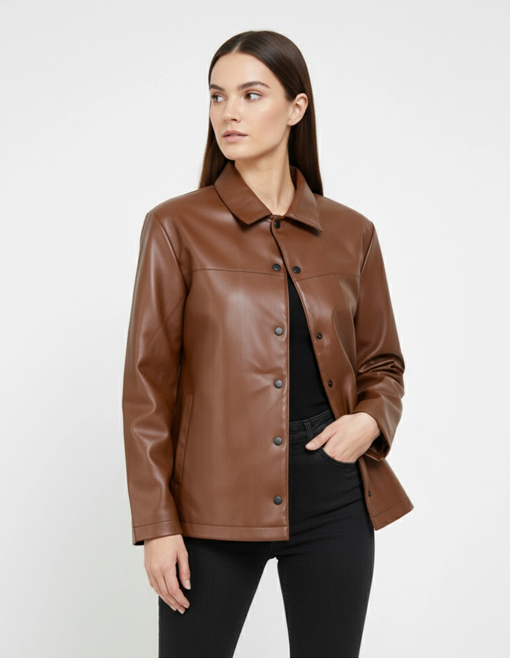 Kadın Çıtçıt Düğmeli - Suni Deri - Ceket -günlük Kullanım - Blazer Gömlek Yaka - Çift Cepli Kiremit