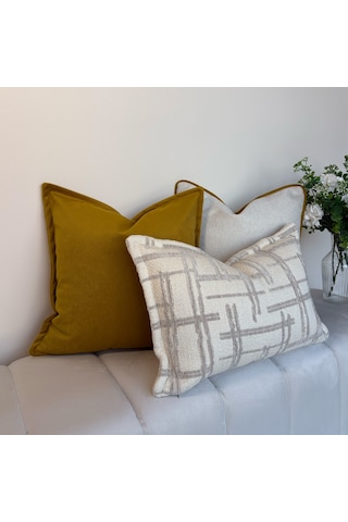 "stone" Dokulu Düz Kırlent Kılıfı - 45x45 - Hardal Beyaz - Hardal