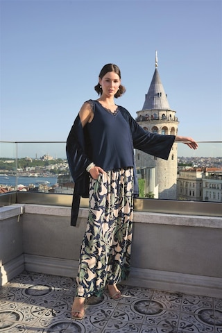 Monamise Kadın Yaprak Desenli Ve Dantelli 3'lü Pijama Takımı 24143 Lacivert