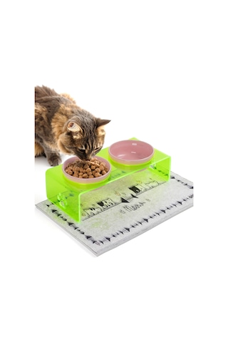Gobypet 2'li Yeşil Pleksi Dekoratif Kedi Ve Köpek Seramik Mama & Su Kabı + Paspas