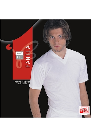 Erkek Beyaz Süprem Yarım Kollu V Yaka % 100 Pamuklu Fanila 3 Lü Paket 111-3b Beyaz