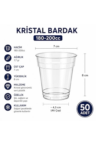 Kristal Plastik Bardak 180-200 Cc 100 Adet Şeffaf Sert Tek Kullanımlık Bardak Su Meşrubat Içecek Servis Bardağı