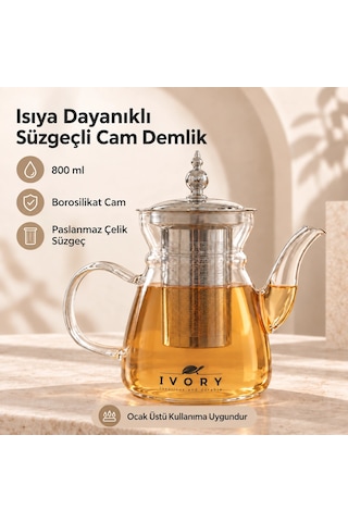 Isıya Dayanıklı Paslanmaz Çelik Süzgeçli Cam Demlik - 800 Ml Çok Renkli