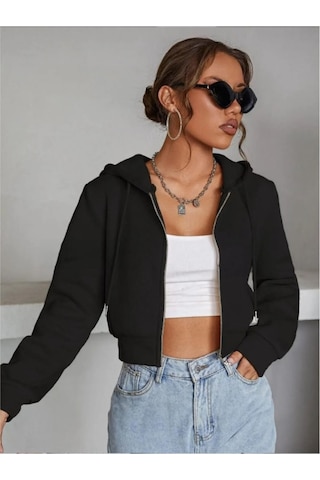 Kadın Kapüşonlu Fermuarlı Crop Hırka Sweatshirt -üç İplik Şardonlu