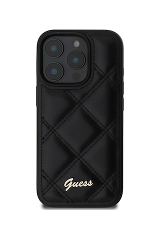 Apple iPhone 16 Pro Max Uyumlu Kılıf Guess  Lisanslı Pu Deri Metal Yazı Logolu Kapitone Kapak Siyah