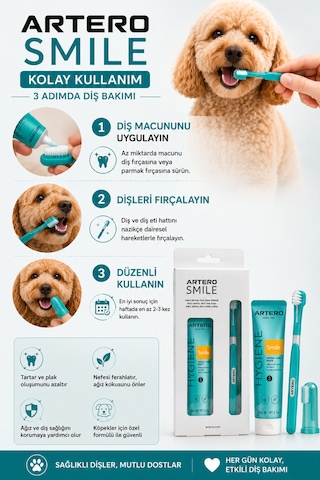 Artero Köpekler İçin Diş Fırçası Tartar Sökücü Ve Diş Macunu Bakım Paketi 3'lü