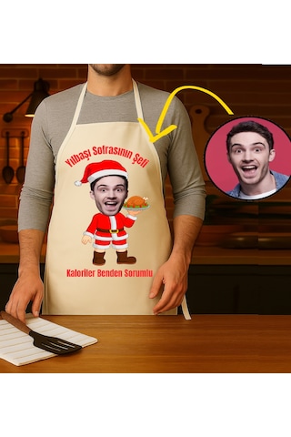 Kişiye Özel Karikatür Fotoğraflı Mutfak Önlüğü Yılbaşı Sofranın Şefi Çok Renkli