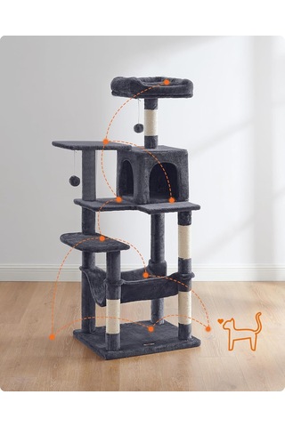 Pct161g01 Tırmalama Ağacı, 143 Cm Yüksekliğinde, Kedi Ağacı, Çok Katlı Kedi Evi, 4 Tırmalama Sütunu, 2 Platfo